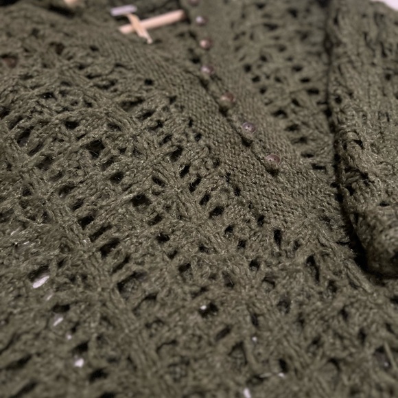 Free People Boho Cottagecore Crochet Olive Hooded Sweater | Dolman Earthy Knit - Picture 5 of 15